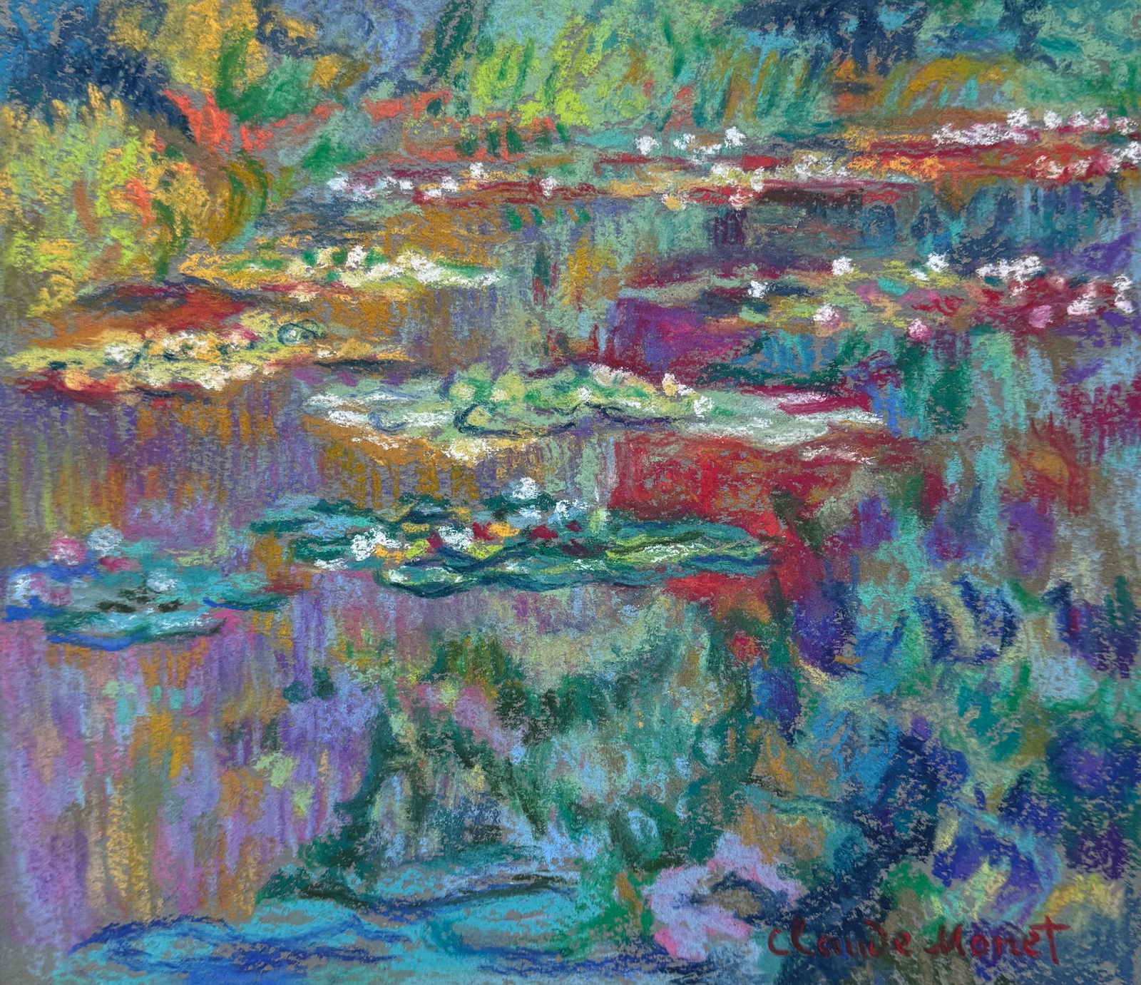 Claude Monet after French Impressionism pastel painting water lilies 1840-1926: Pastel on paper, painting. From a private collection. 8,8 x 10 in. (22,4 x 25,5 cm). Claude Monet (1840-1926, French). It is being sold in the manner or style of the artist. Depicts a landscape with w