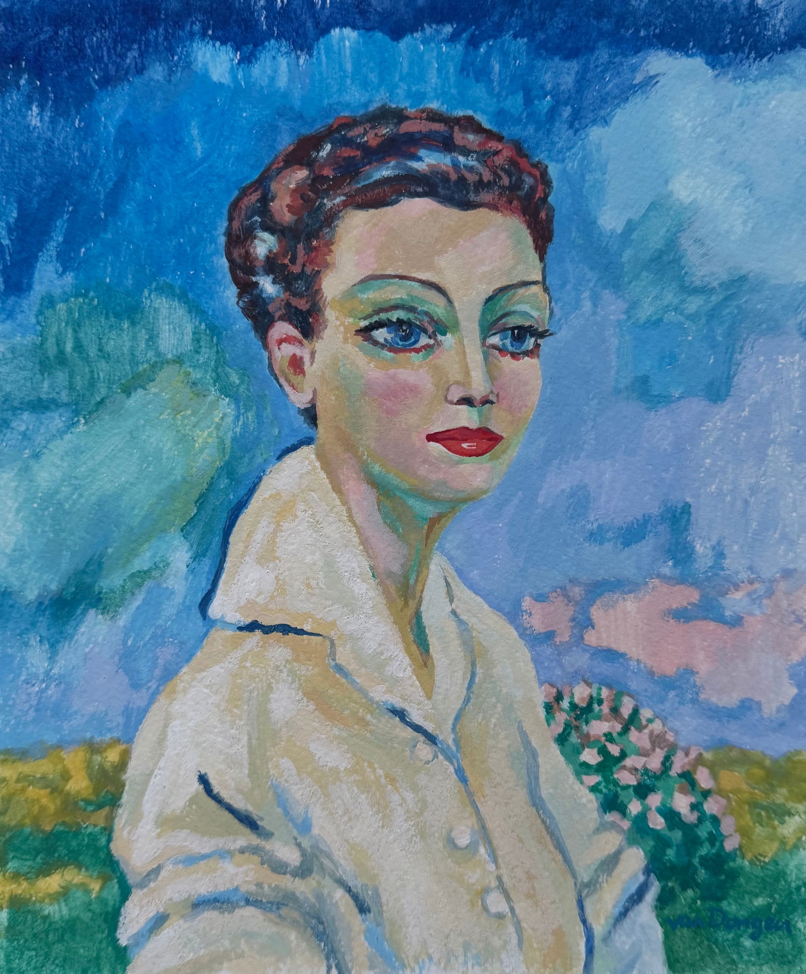 Kees Van Dongen after Dutch Fauvist tempera painting portrait 1877-1968: Tempera on paper, painting. From a private collection. 7,5 x 9,1 in. (19 x 23 cm). Cornelis Theodorus Maria 'Kees' van Dongen (1877-1968, Dutch). It is being sold in the manner or style of the artist.
