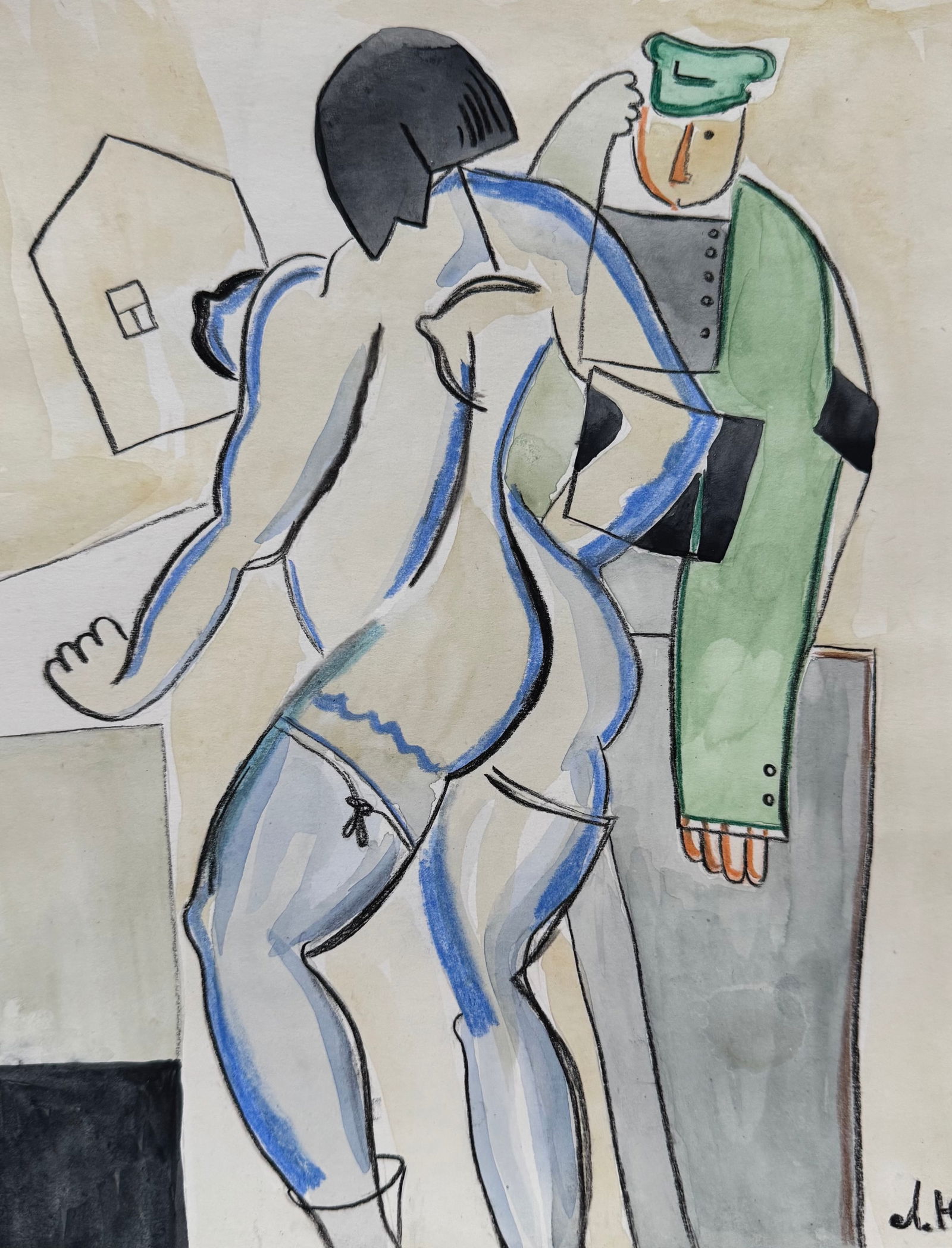 Lev Yudin after Russian avant-garde mixed media on paper 1903-1941: Mixed media, watercolor on paper. From a private collection. 8 x 10,2 in. (20,5 x 26 cm). Lev Alexandrovich Yudin (1903-1941). It is being sold in the manner or style of the artist. Depicts a standing