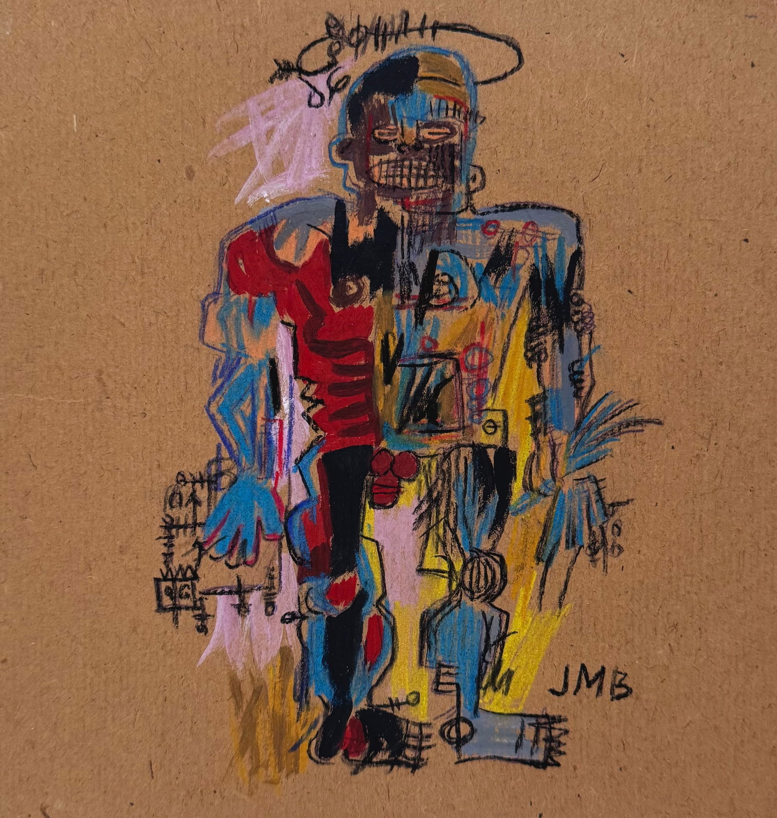 Mixed media painting Jean Michel Basquiat after American Abstract Expressionist: Mixed media, acrylic on paper, painting. From a private collection. 7,3 x 7,6 in. (18,5 x 19,2 cm). Jean Michel Basquiat (1960-1988, American). It is being sold in the manner or style of the artist. D