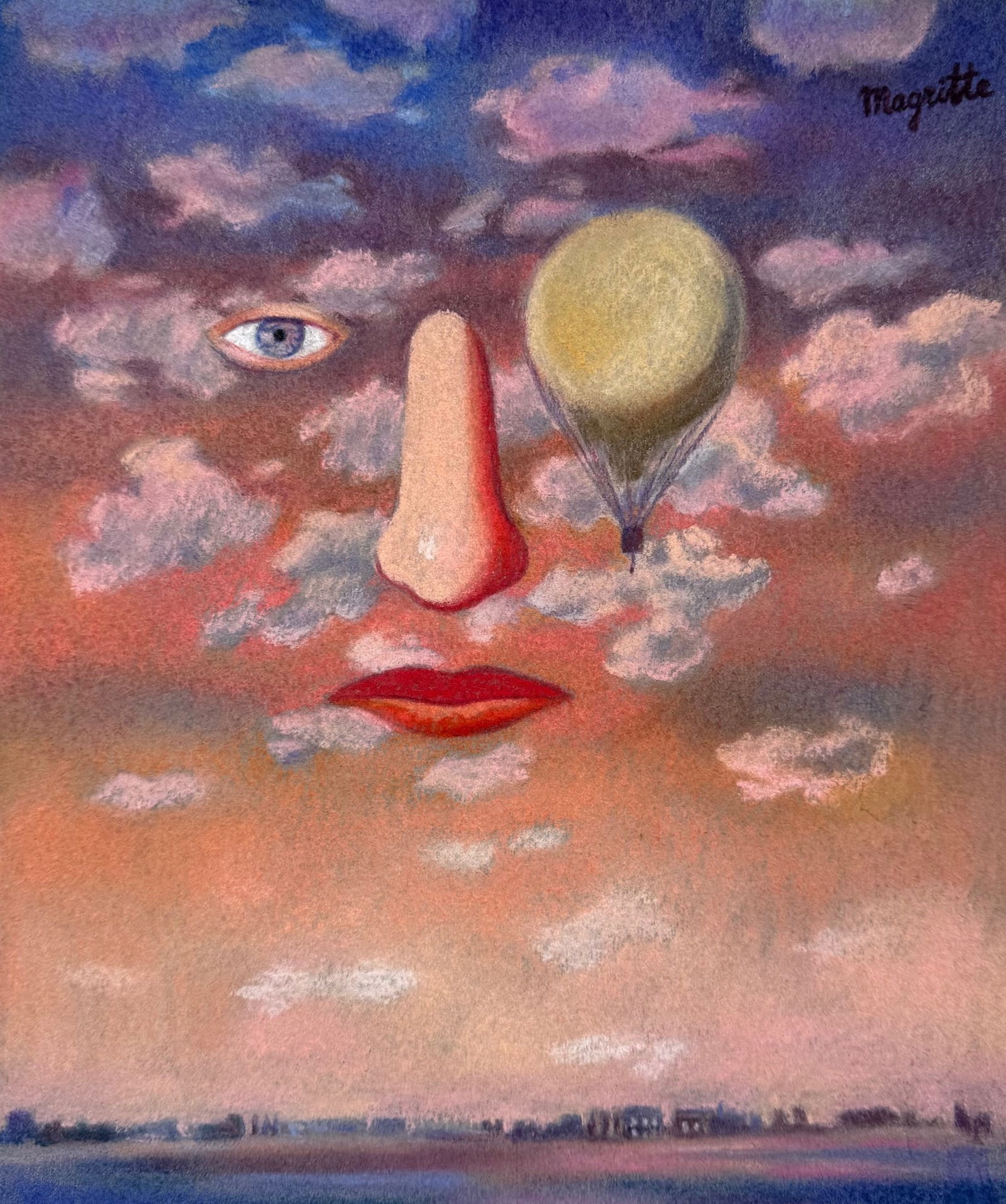 Rene Magritte pastel painting after Belgian Surrealist face sky (1 of 2)