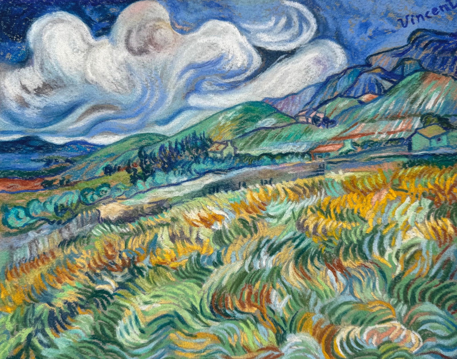 Vincent van Gogh after Dutch Post-Impressionist pastel painting landscape: Pastel on paper, painting. From a private collection. 8,4 x 10,6 in. (21,4 x 26,9 cm). Vincent Willem van Gogh (1853-1890, Dutch). It is being sold in the manner or style of the artist. Painting depic