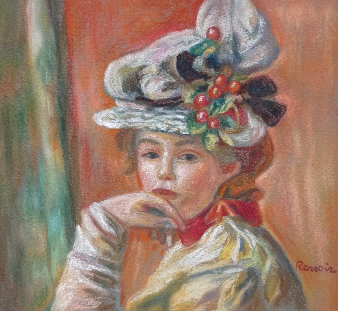 Pastel on paper Pierre-Auguste Renoir after French Impressionist female portrait: Pastel on paper, painting. From a private collection. 8,9 x 9,7 in. (22,5 x 24,5 cm). Pierre-Auguste Renoir (1841-1919, French). It is being sold in the manner or style of the artist. Depicts a portra