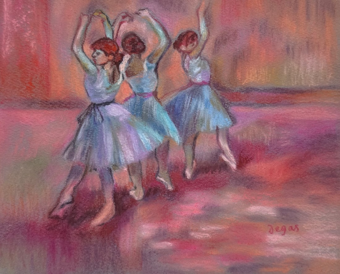 Pastel painting Edgar Degas after French 1834-1917 Impressionist ballerinas: Pastel on paper, painting. From a private collection. 8,3 x 10,2 in. (21 x 26 cm). Edgar Degas (1834-1917, French). It is being sold in the manner or style of the artist. The composition depicts balle