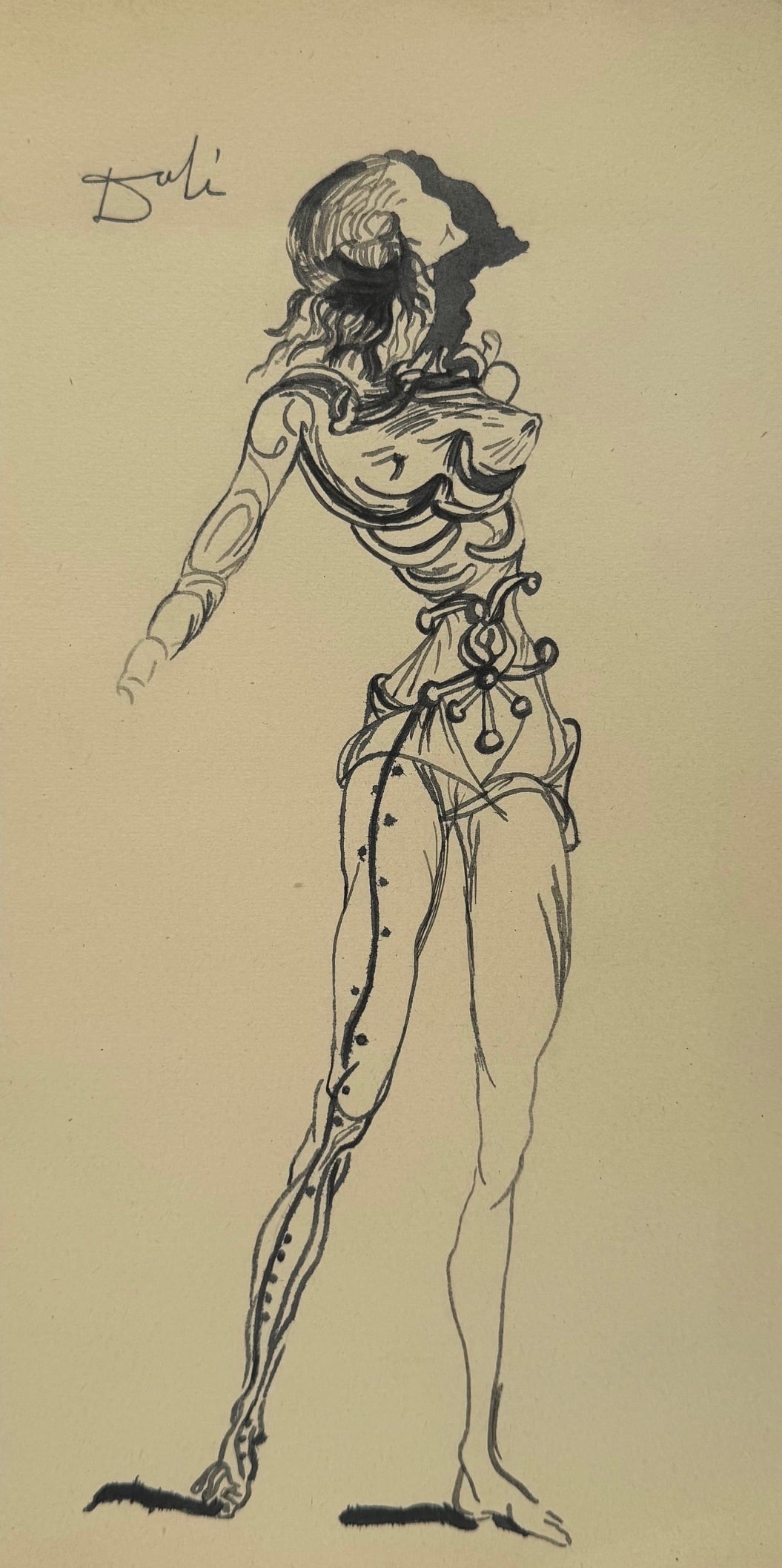 Ink drawing Salvador Dali after Spanish Surrealist figure: Ink on paper, drawing. From a private collection. 6,5 x 12,2 in. (16,5 x 31,1 cm). Salvador Dali (1904-1989, Spanish). It is being sold in the manner or style of the artist. Depicts a female figure. T