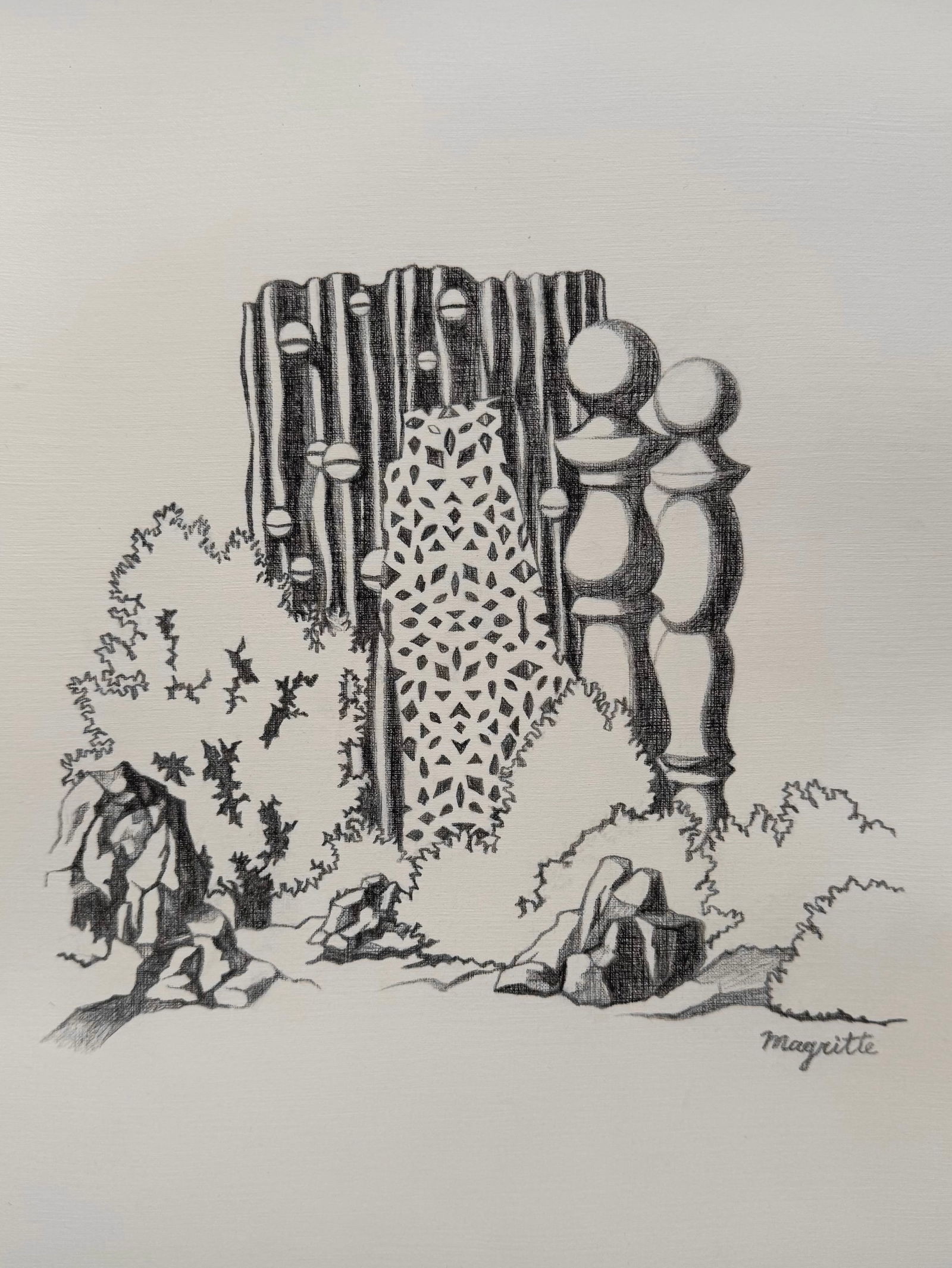 Rene Magritte charcoal drawing after Belgian Surrealist: Charcoal on paper, drawing. From a private collection. 8,9 x 11,7 in. (22,6 x 29,7 cm). Rene Magritte (1898-1967, Belgian). It is being sold in the manner or style of the artist. Depicts a surreal com