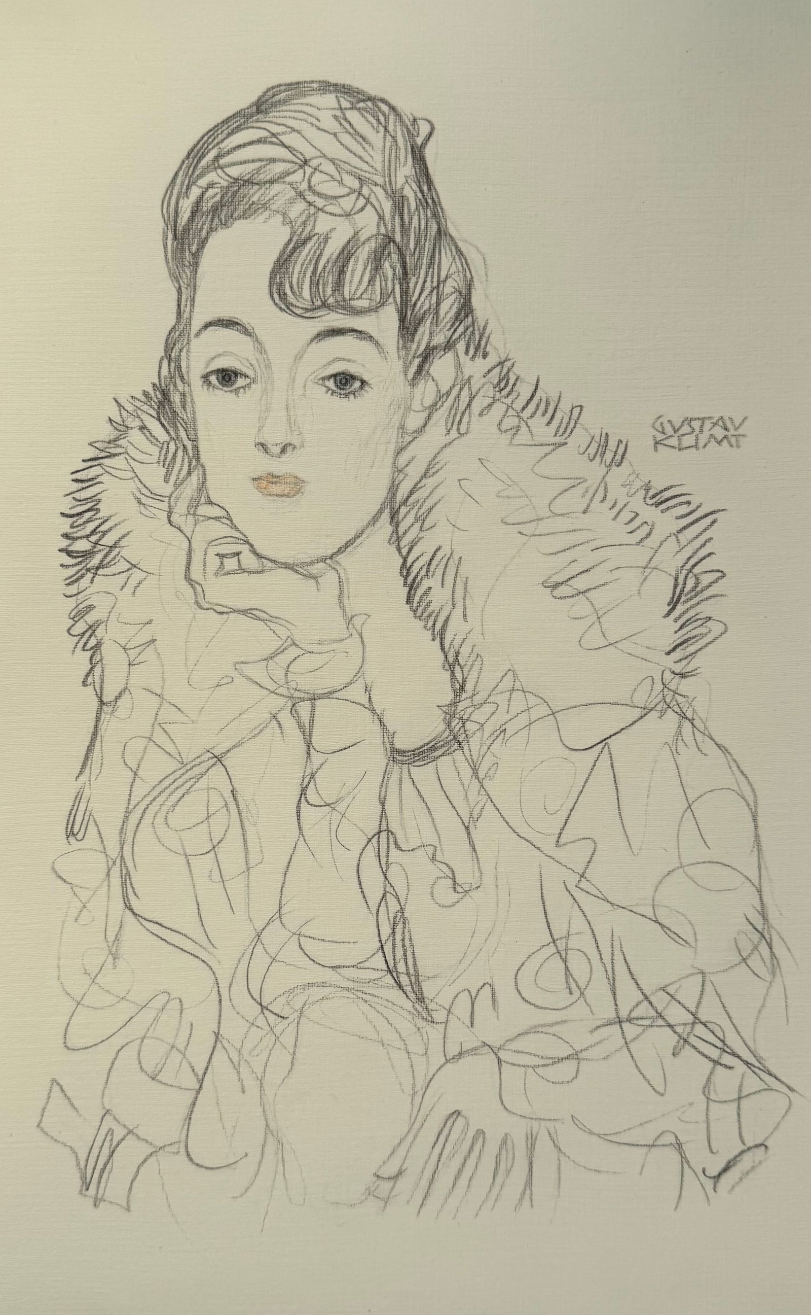 Drawing Gustav Klimt after Austrian Modernist portrait: Charcoal on paper, drawing. From a private collection. 7,3 x 11,7 in. (18,5 x 29,7 cm). Gustav Klimt (1862 - 1918, Austrian). It is being sold in the manner or style of the artist. Featuring a composi
