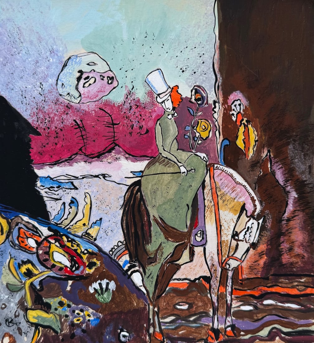 Wassily Kandinsky after Russian Abstract oil painting: Oil on cardboard, painting. From a private collection. 8,3 x 9,1 in. (21 x 23 cm). Wassily Kandinsky (1866-1944, Russian). It is being sold in the manner or style of the artist. The composition depict