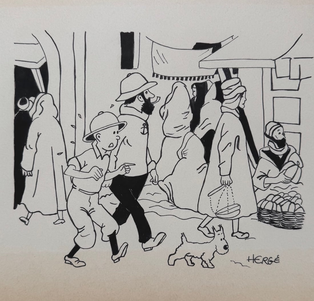 Ink drawing Herge after Belgian comics Tintin and Milou (1 of 2)