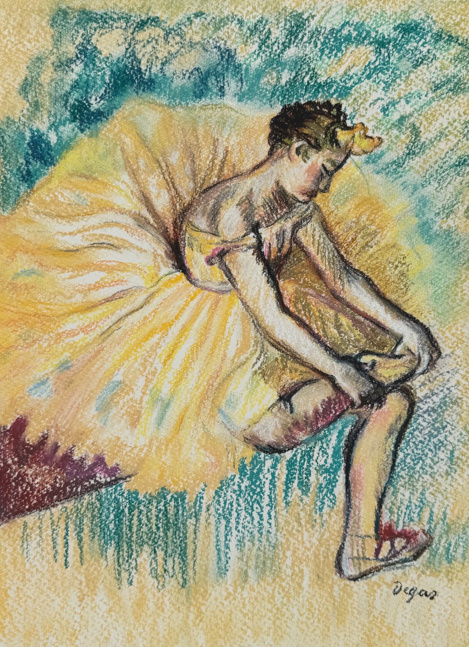 Pastel Edgar Degas after French 1834-1917 impressionist ballerina dancer: Pastel on paper, painting. From a private collection. Edgar Degas (1834-1917, French). 8,4 x 11,6 in. (21,2 x 29,5 cm). It is being sold in the manner or style of the artist. The composition depicts a