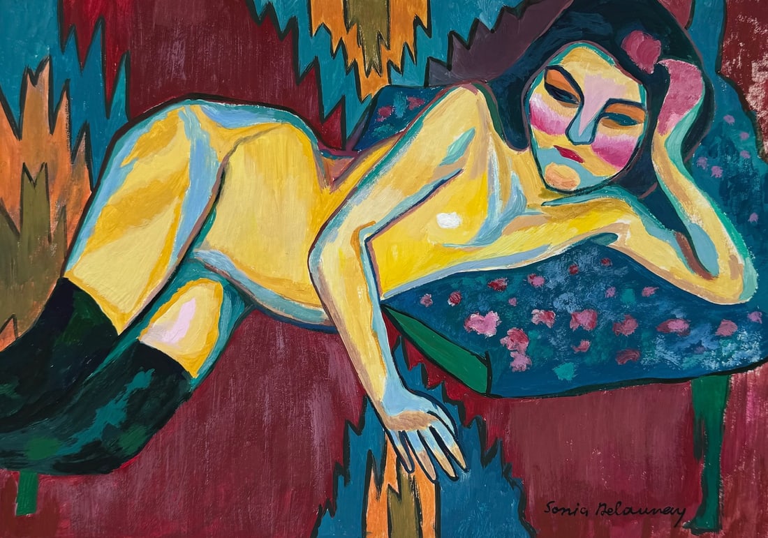 Sonia Delaunay after Ukrainian French 1885-1979 orphism tempera painting geometric: Tempera on paper, painting. From a private collection. 8,3 x 11,7 in. (21 x 29,7 cm). Sonia Delaunay (1885-1979, Ukrainian, French). It is being sold in the manner or style of the artist. The painting