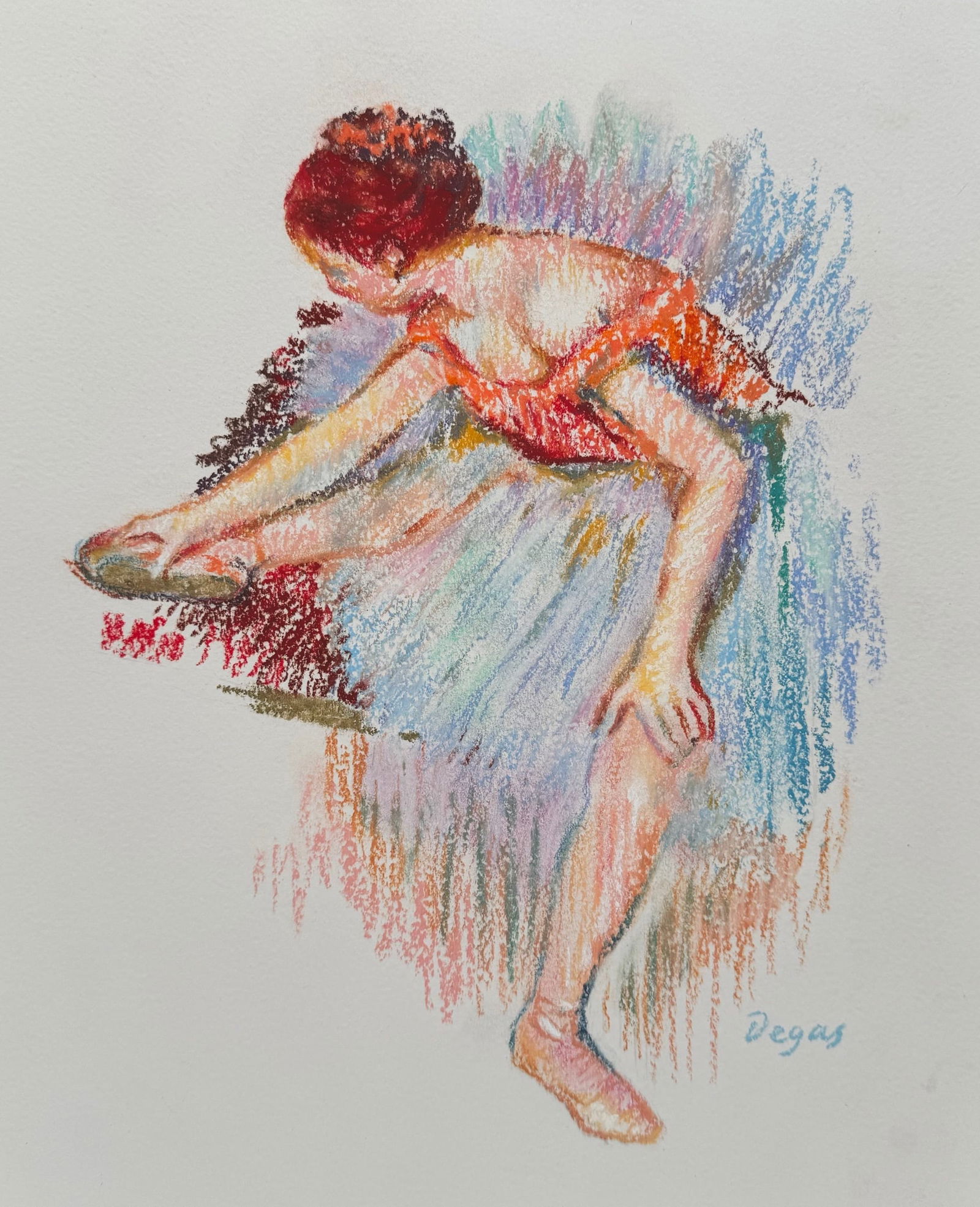 Pastel on paper Edgar Degas after French Impressionist ballet dancer: Pastel on paper, drawing. From a private collection. Edgar Degas (1834-1917, French). 9,6 x 11,5 in. (24,3 x 29,1 cm). It is being sold in the manner or style of the artist. The composition depicts a