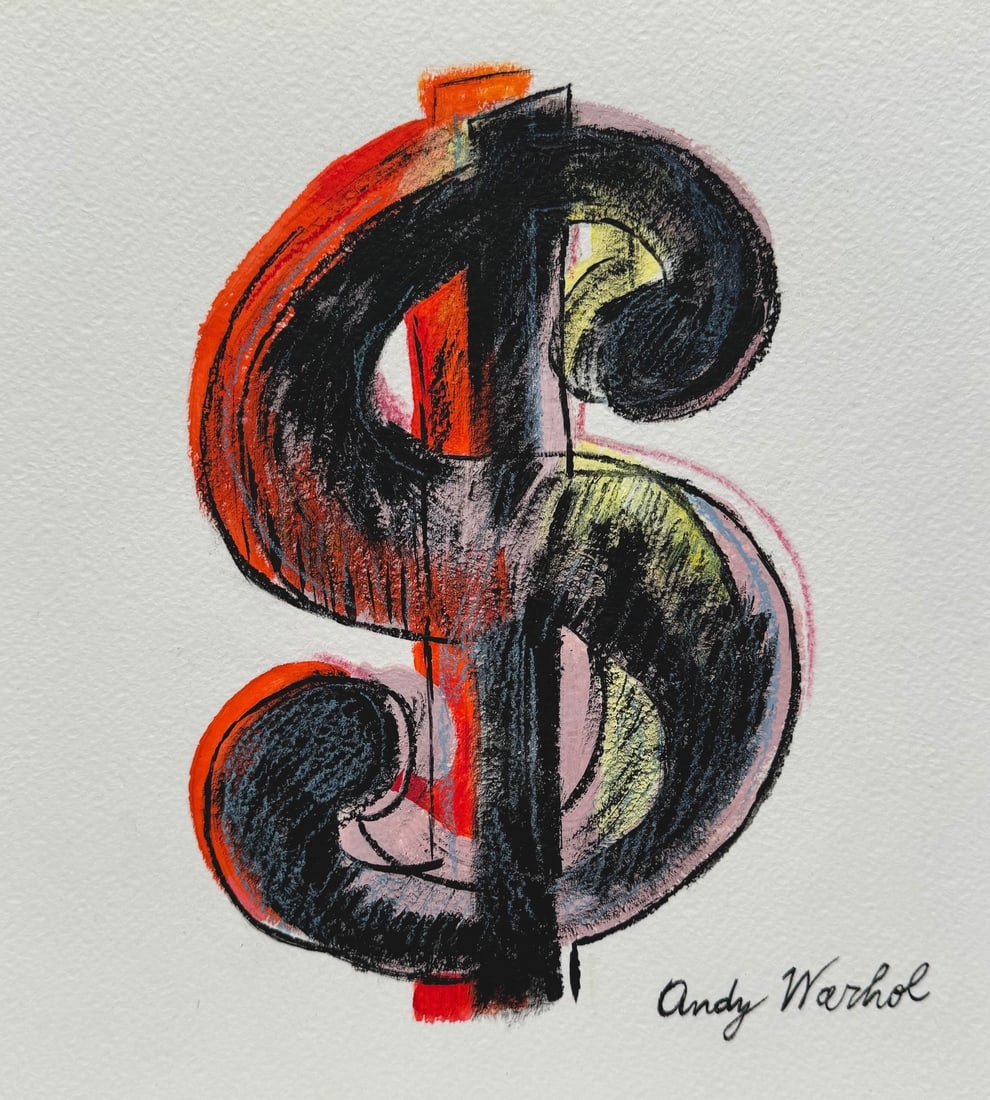 Andy Warhol after American Pop Art mixed media dollar sign: Mixed media on paper. From a private collection. 8,3 x 8,7 in. (21,1 x 22,7 cm). Andy Warhol (1928-1987, American). It is being sold in the manner or style of the artist. Featuring a composition with