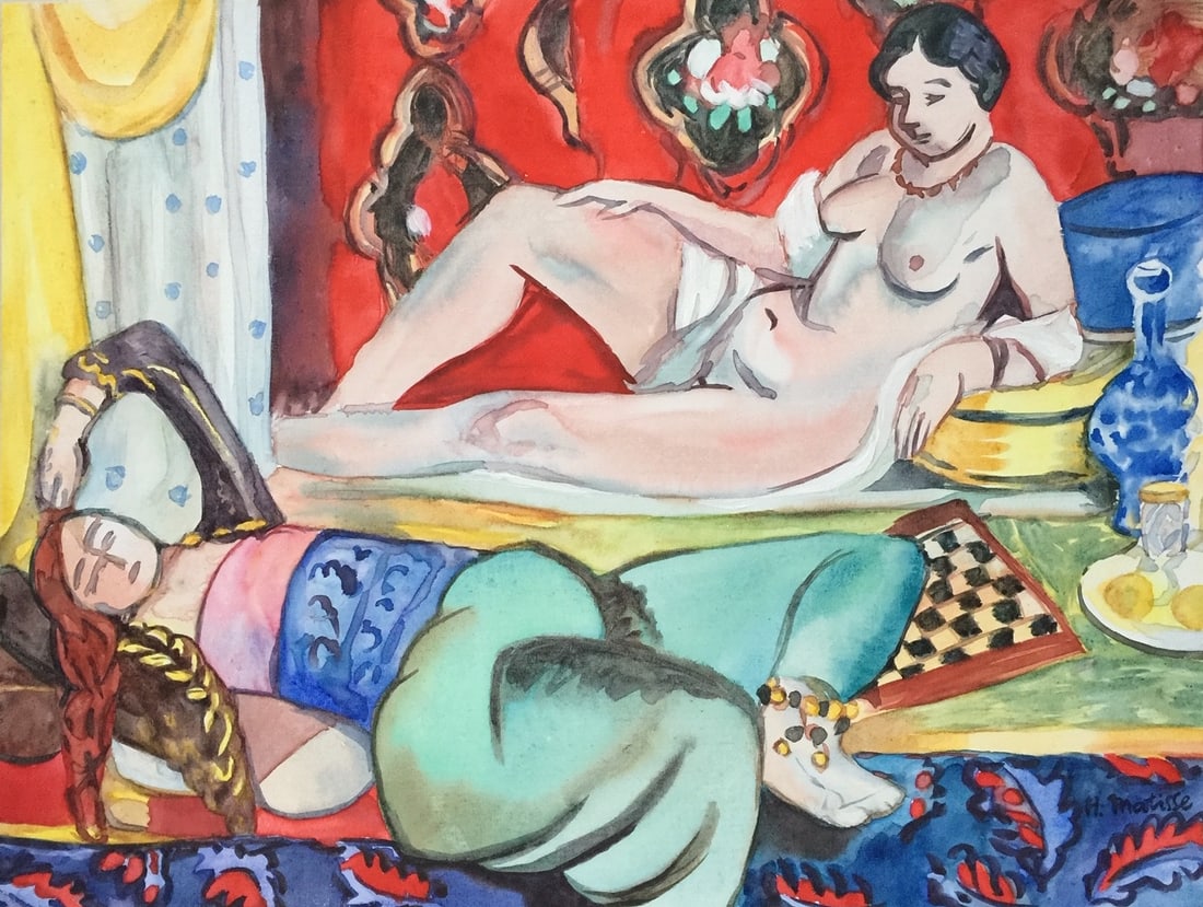 Watercolor painting Henri Matisse after French Expressionist: Watercolor, gouache on canvas on cardboard, painting. From a private collection. Henri Matisse (1869-1954, French). 11,8 x 15,7 in. (30 x 40 cm). It is being sold in the manner or style of the artist.