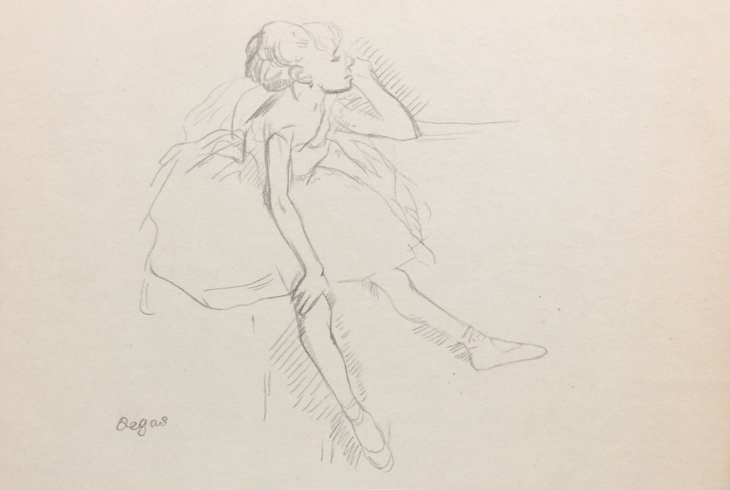 Drawing on paper Edgar Degas after French Impressionism study ballet: Graphite, drawing on paper. 7,9 x 11,3 in. (20 x 28,6 cm). From a private collection. Edgar Degas (French, 1834-1917). It is being sold in the manner or style of the artist. Study. Training in ballet