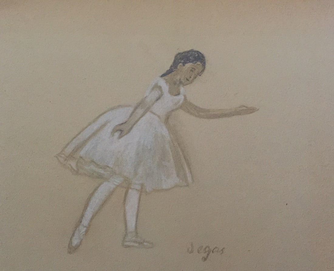 Pastel on paper Edgar Degas after French Impressionism ballet dancer: Pastel on paper, drawing. From a private collection. 8 x 9,8 in. (20,4 x 25 cm). Edgar Degas (French, 1834-1917). It is being sold in the manner or style of the artist. Depicts a ballet dancer.
