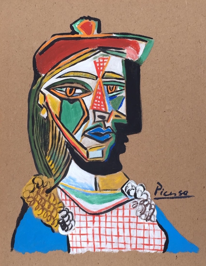 Pablo Picasso after Spanish Cubism tempera painting: Tempera on cardboard, painting. From a private collection. 8,8 x 12,2 in. (22,5 x 31 cm). Pablo Picasso (1881-1973, Spanish). It is being sold in the manner or style of the artist. Featuring a composi