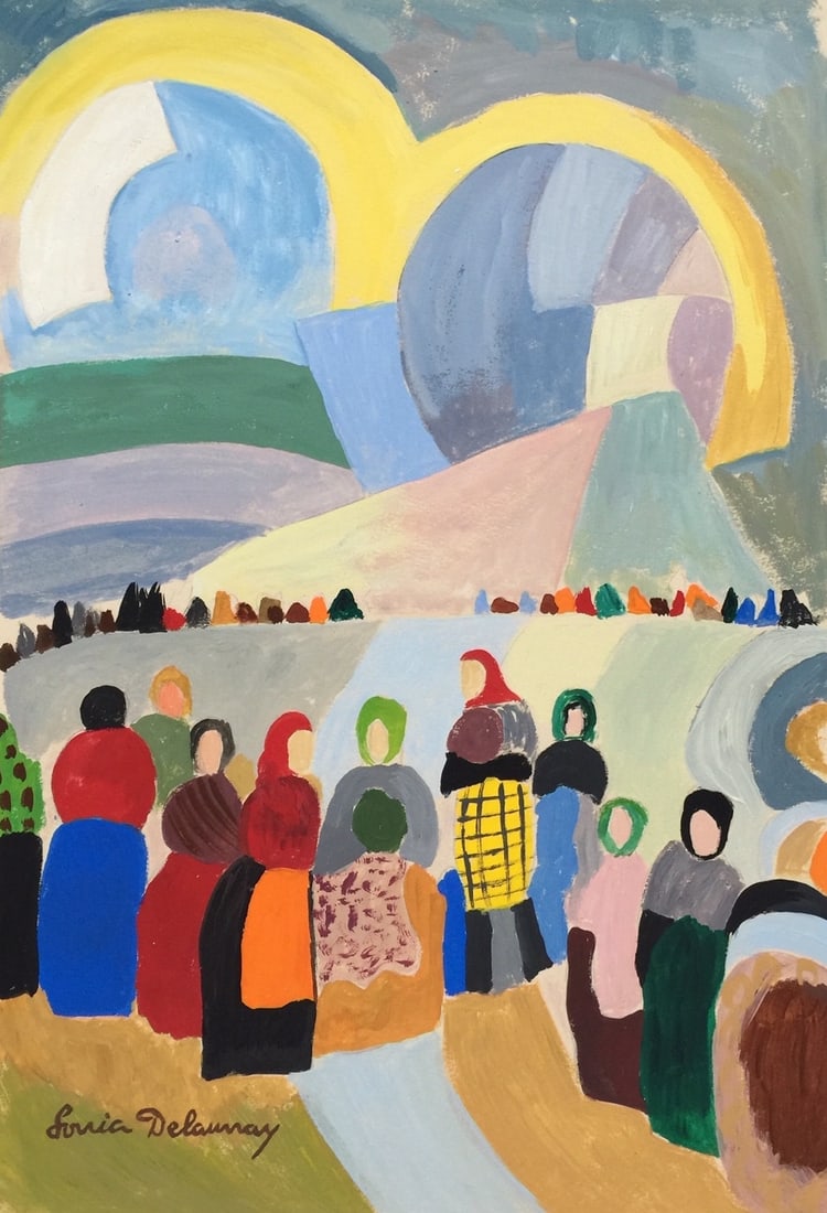 Sonia Delaunay after French Ukrainian Abstract gouache on paper: Gouache on paper, painting. From a private collection. Sonia Delaunay (1885-1979, Ukrainian, French). 7,9 x 11,6 in. (20,3 x 29,5 cm). It is being sold in the manner or style of the artist. Depicts an