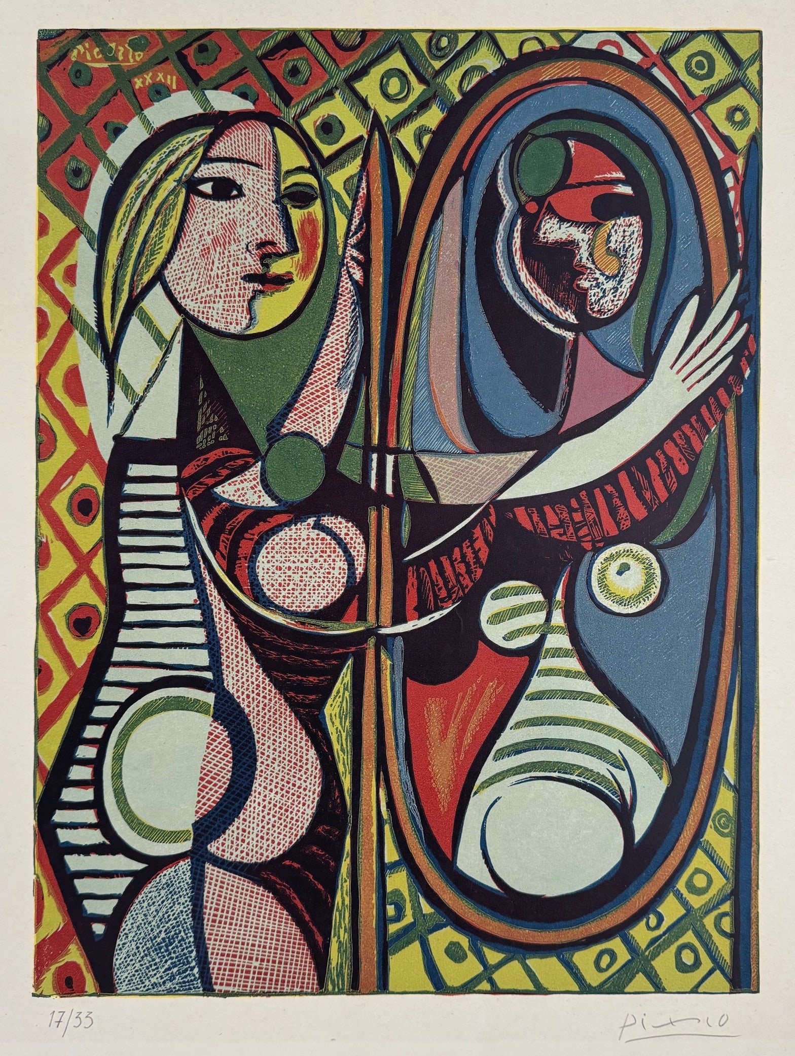 Pablo Picasso lithograph after Spanish Cubist woman mirror: Lithograph on paper. Pablo Picasso (1881-1973). From a private collection. It is being sold in the manner or style of the artist. Paper size: 15,7 x 19,8 in. (40 x 50,3 cm). Lithograph image size: 11,