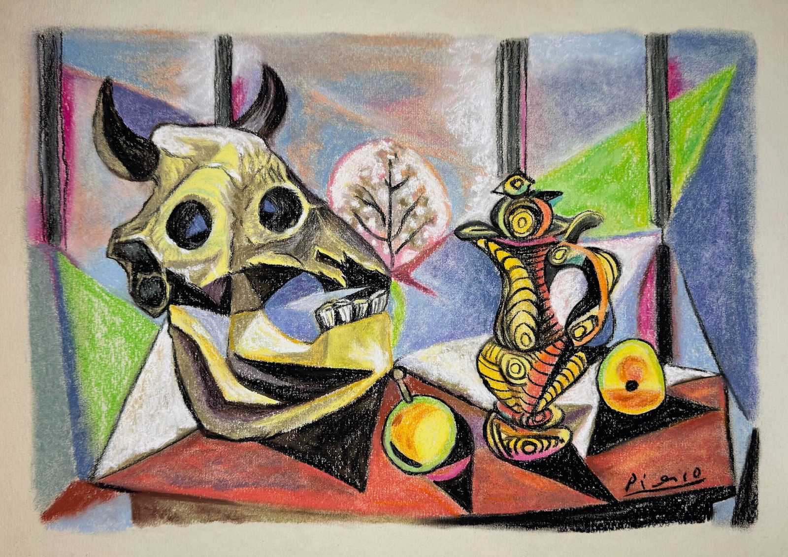 Pastel on paper Pablo Picasso after Spanish Cubist 1881-1973: Pastel on paper, painting. From a private collection. 10,9 x 13,7 in. (27,7 x 34,7 cm). Pablo Picasso (1881-1973, Spanish) It is being sold in the manner or style of the artist. Depicts a still life c