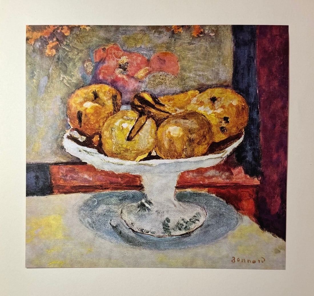 Pierre Bonnard vintage lithograph print French still life: Vintage fine art lithograph print "The fruit bowl - Fruitschaal - Fruchtschale". Print from an original painting from the collection - Staatsgalerie Stuttgart, Germany. From a private collection. Pier
