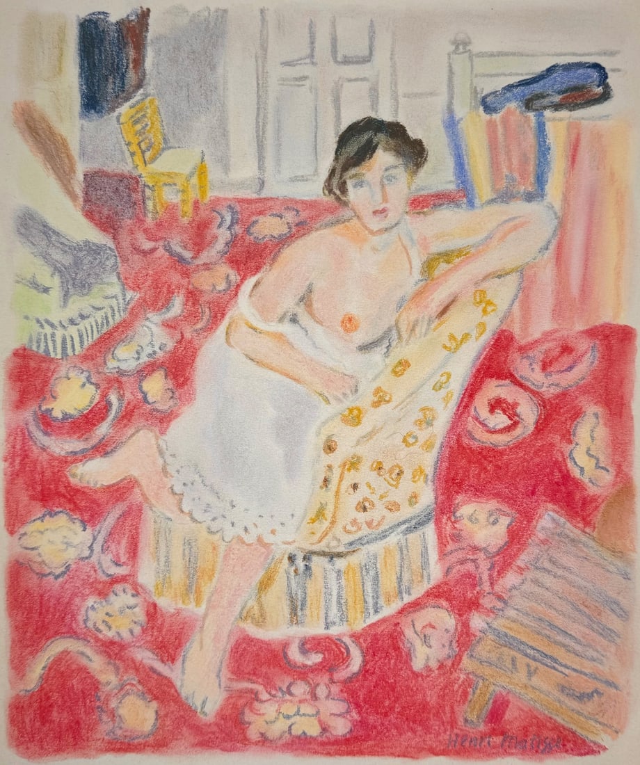 Henri Matisse after French Expressionism pastel painting 1869-1954: Pastel on paper, painting. From a private collection. 9,3 x 11 in. (23,5 x 28 cm). Henri Matisse (1869-1954, French). It is being sold in the manner or style of the artist. The painting depicts a woma