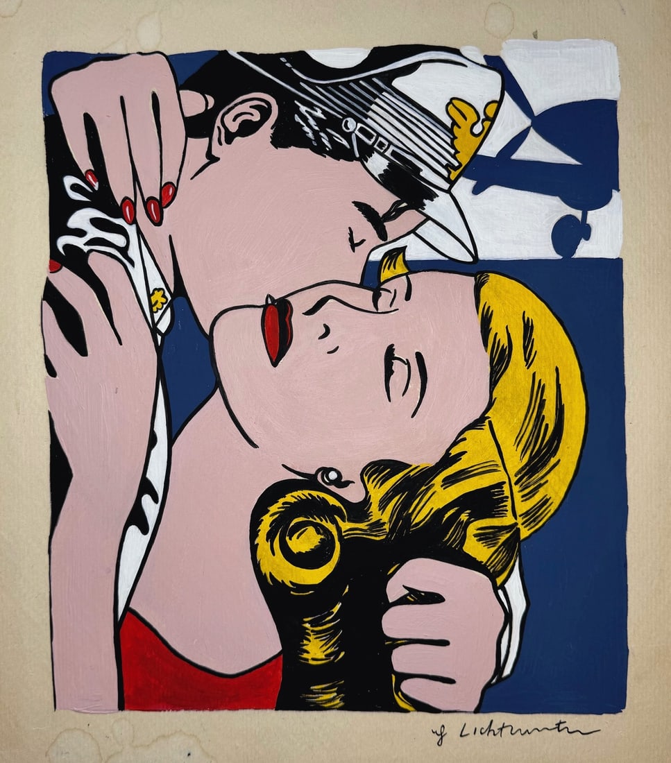 Acrylic painting Roy Lichtenstein after American Pop Art 1923-1997: Acrylic on cardboard, painting. From a private collection. 10,9 x 12,2 in. (27,7 x 31 cm). Roy Lichtenstein (1923-1997, American). It is being sold in the manner or style of the artist. Composition wi