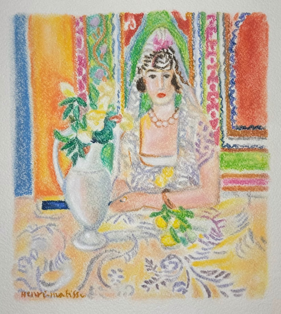Pastel on paper Henri Matisse after French Expressionism 1869-1954: Pastel on paper, painting. From a private collection. 11,2 x 12,7 in. (28,5 x 32,2 cm). Henri Matisse (1869-1954, French). It is being sold in the manner or style of the artist. The painting depicts a