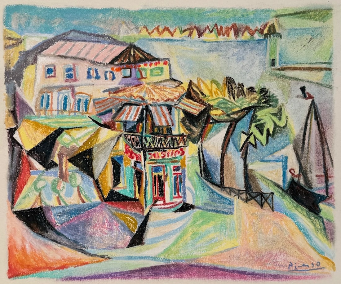 Pastel on paper Pablo Picasso after Spanish Cubism: Pastel on paper, painting. From a private collection. 11,2 x 13,2 in. (28,5 x 33,6 cm). Pablo Picasso (1881-1973, Spanish). It is being sold in the manner or style of the artist. Depicts a landscape.