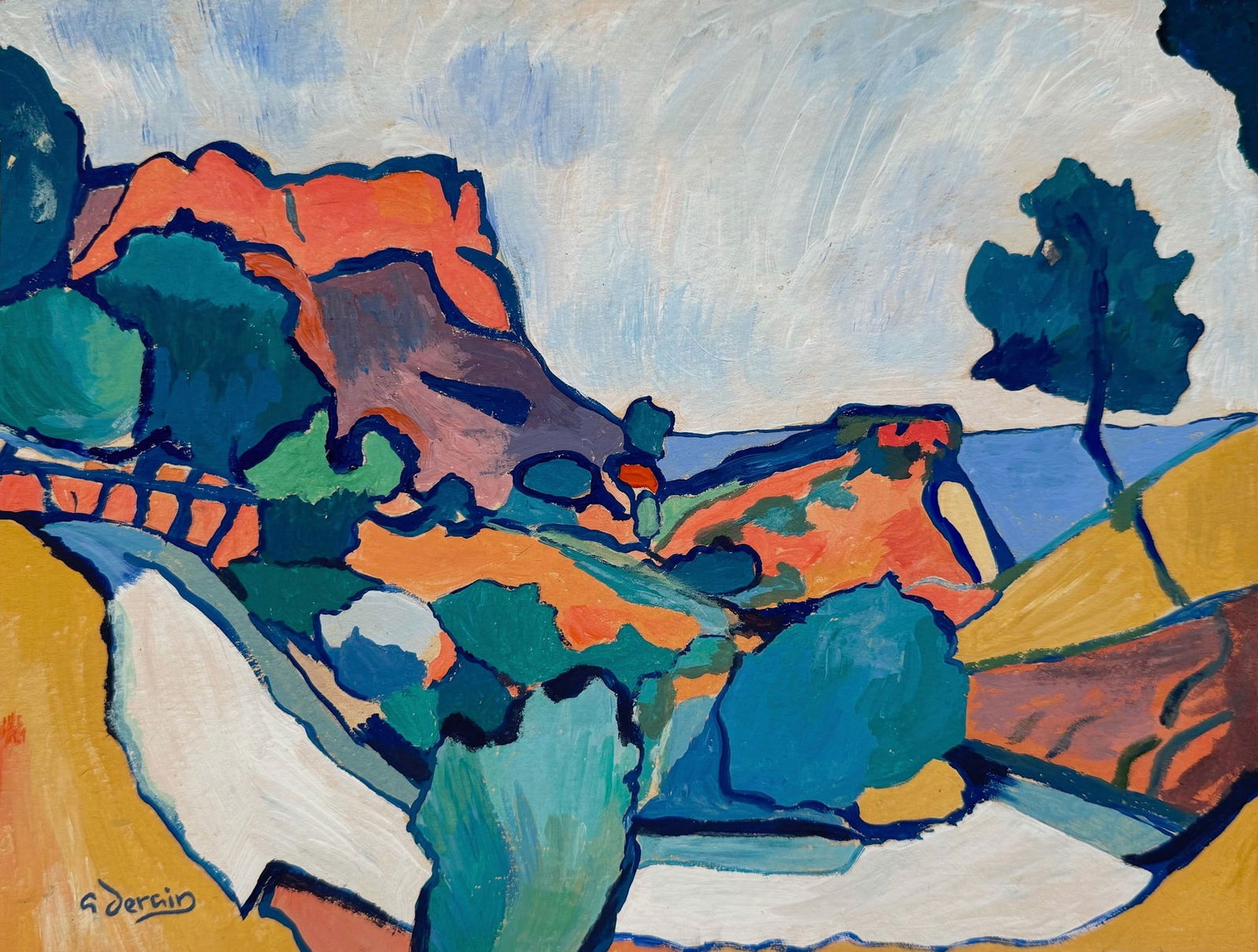 Tempera on paper Andre Derain after French Post-Impressionism: Tempera on paper, painting. From a private collection. 7,9 x 10,4 in. (20 x 26,5 cm). Andre Derain (1880-1954, French). It is being sold in the manner or style of the artist. Composition with a landsc