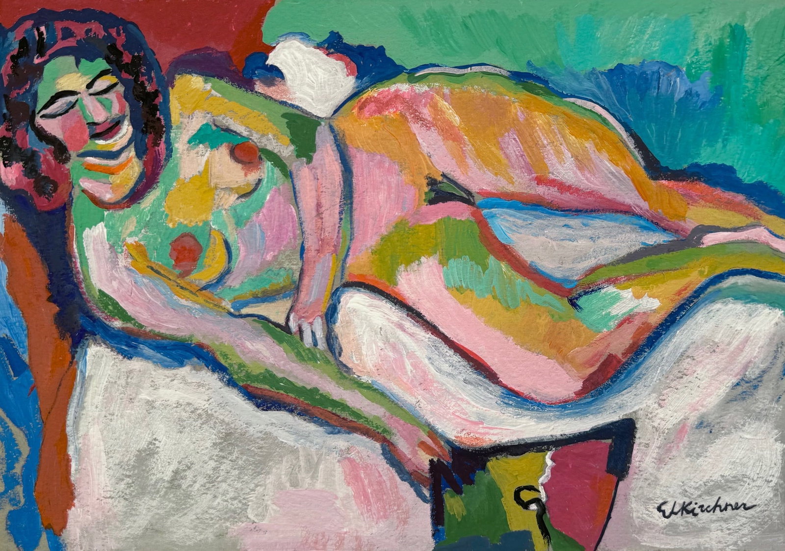 Ernst Ludwig Kirchner after German Expressionist erotic painting: Tempera on paper, painting. From a private collection. 7,5 x 10,6 in. (19 x 27 cm). Ernst Ludwig Kirchner (1880-1938, German). It is being sold in the manner or style of the artist. Composition with a