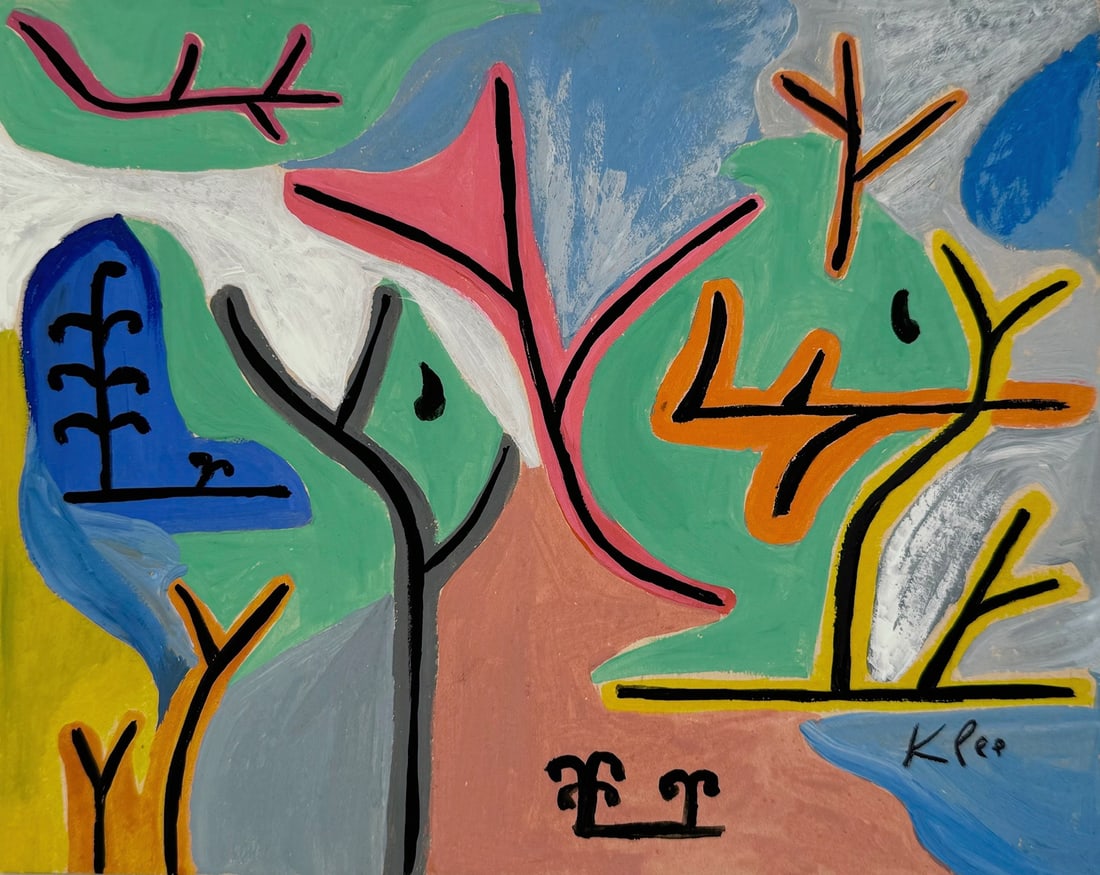 Paul Klee after Swiss German Surrealist mixed media on paper: Mixed media on paper. From a private collection. 6,1 x 7,6 in. (15,4 x 19,4 cm). Paul Klee (1879-1940, Swiss). It is being sold in the manner or style of the artist. Depicts an abstract surreal compos