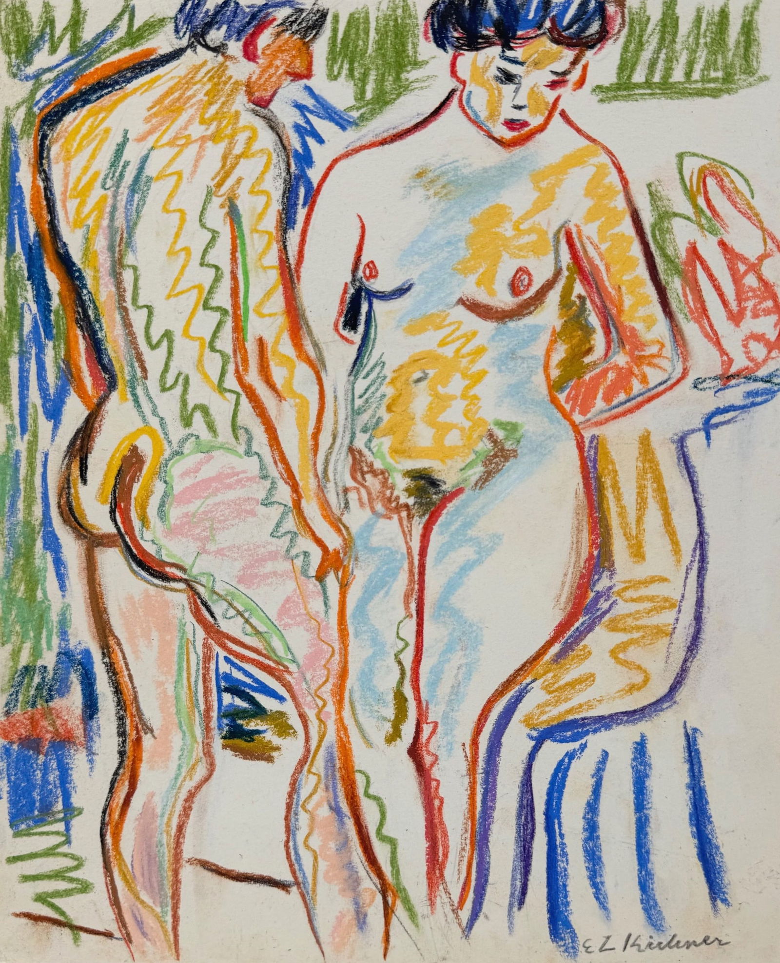 Ernst Ludwig Kirchner after German Expressionist pastel drawing nude erotic: Pastel on paper, drawing. From a private collection. 8,4 x 10,2 in. (21,2 x 26 cm). Ernst Ludwig Kirchner (1880-1938, German). It is being sold in the manner or style of the artist. Composition with a