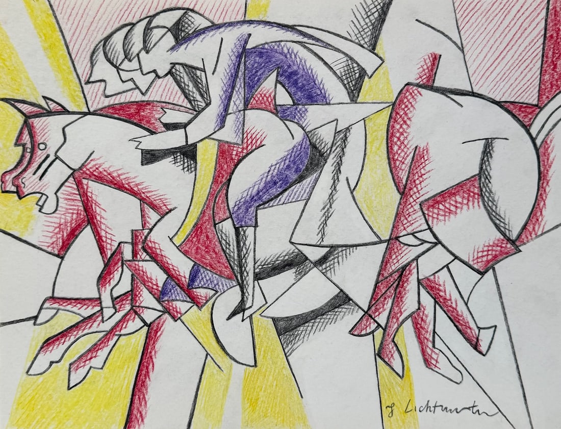 Drawing on paper Roy Lichtenstein after American Pop Art study horsemen: Crayon on paper, drawing. From a private collection. 8,5 x 11 in. (21,5 x 28 cm). Roy Lichtenstein (1923-1997, American). It is being sold in the manner or style of the artist. Composition with horsem