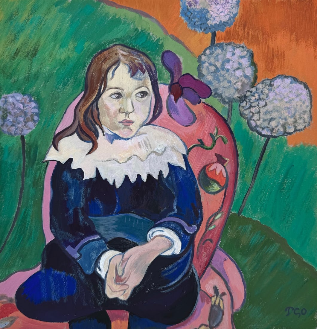 Paul Gauguin after Post-Impressionist French tempera on paper portrait: Tempera on paper, painting. 9,1 x 9,5 in. (23 x 24 cm). Paul Gauguin (1848-1903, French). It is being sold in the manner or style of the artist. Depicts a portrait of a child. Paul Gauguin is one of t