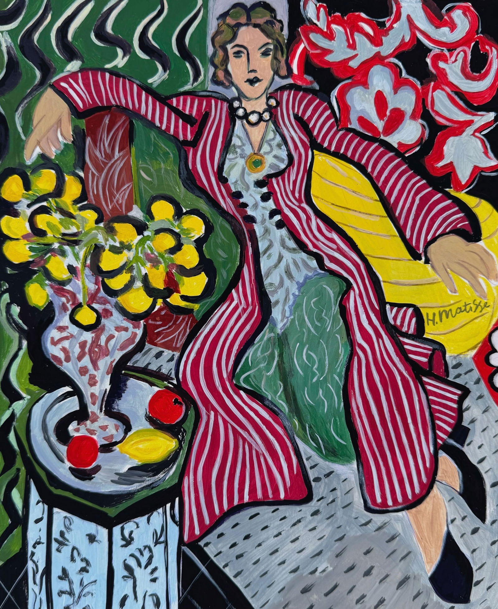 Tempera painting Henri Matisse after Expressionism French woman interior: Tempera on paper, painting. 8,1 x 9,9 in. (20,5 x 25,2 cm). Henri Matisse (1869-1954, French). It is being sold in the manner or style of the artist. The painting depicts a composition with woman in t