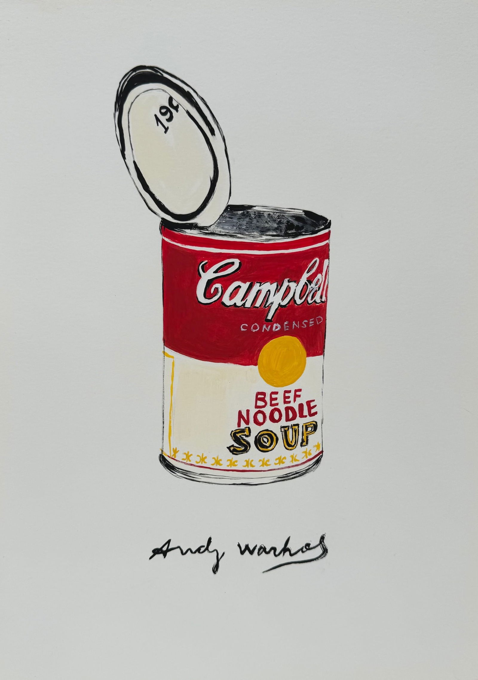 Painting Andy Warhol after American Pop Art Campbell Soup Can: Painting on paper. 8,3x 11,7 in. (21x 29,7 cm). Andy Warhol (1928-1987, American). It is being sold in the manner or style of the artist. Featuring a Campbell's Soup Can. Andy Warhol was an American p