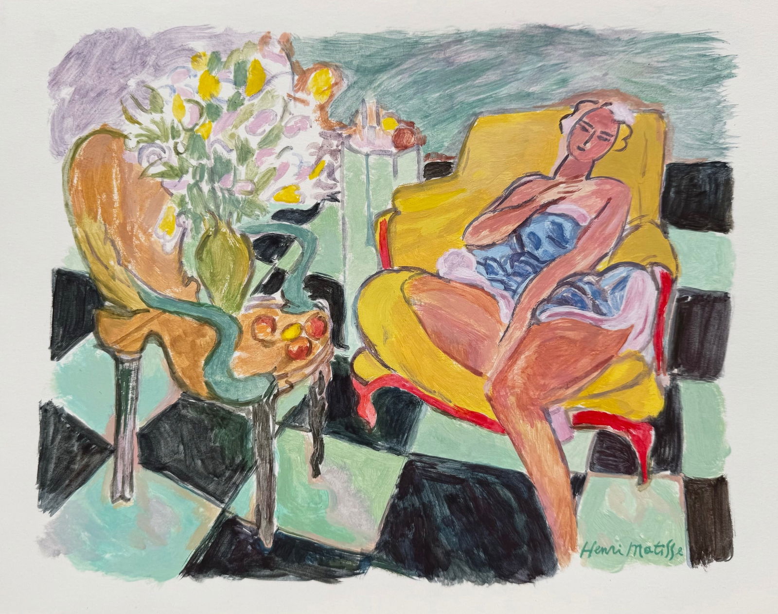 Tempera painting Henri Matisse after French Expressionist woman interior portrait: Tempera on paper, painting. 9,3 x 12 in. (23,7 x 30,2 cm). Henri Matisse (1869-1954, French). It is being sold in the manner or style of the artist. Depicts a female portrait in the interior. Henri Ma