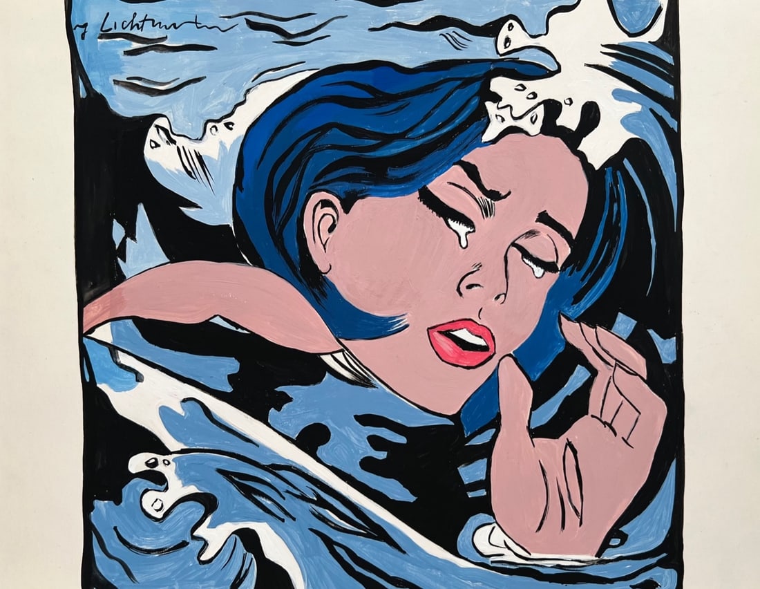 Acrylic on paper Roy Lichtenstein after American Pop Art woman portrait: Acrylic on paper, painting. From a private collection. 8,3 x 11,4 in. (21 x 29 cm). Roy Lichtenstein (1923-1997, American). It is being sold in the manner or style of the artist. Composition with woma