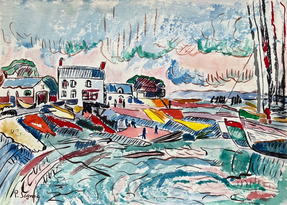 Watercolor on paper French Paul Signac signed Neo-Impressionist landscape (1 of 2)