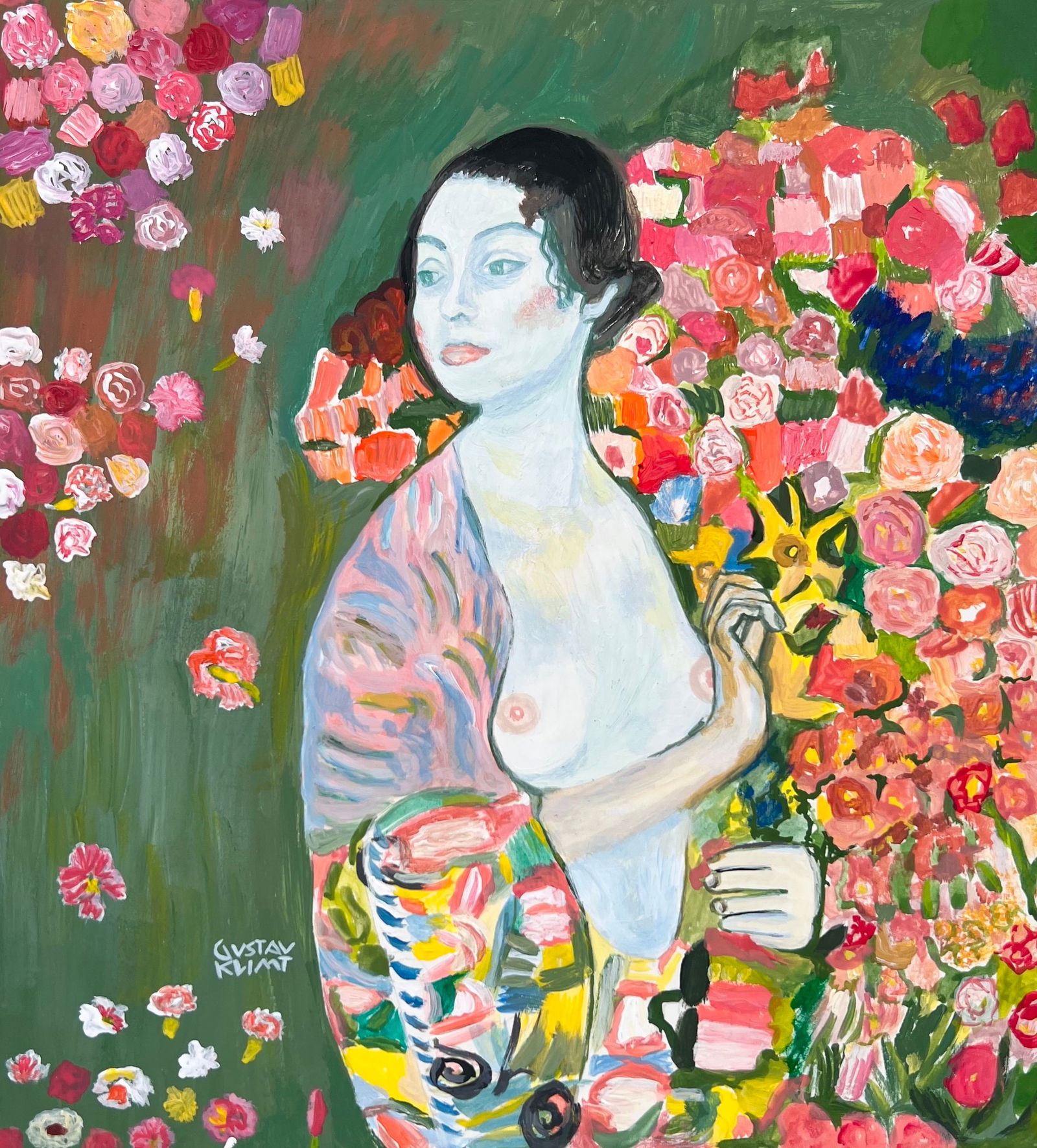 Gustav Klimt after Austrian Modernist gouache painting nude woman portrait flowers: Gouache on paper on cardboard, painting. From a private collection. 7,8 x 8,7 in. (19,9 x 22 cm). Gustav Klimt (1862-1918, Austrian). It is being sold in the manner or style of the artist. Composition