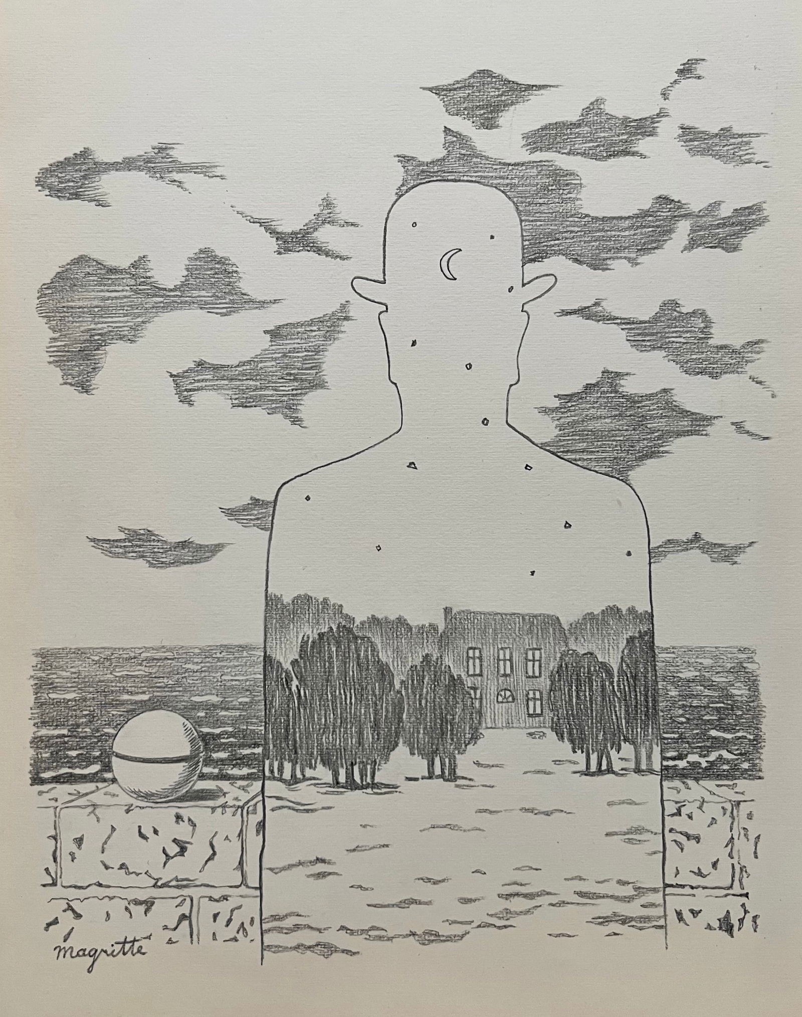 Rene Magritte style of Belgian Surrealist charcoal on paper man bowler hat landscape sea (1 of 2)