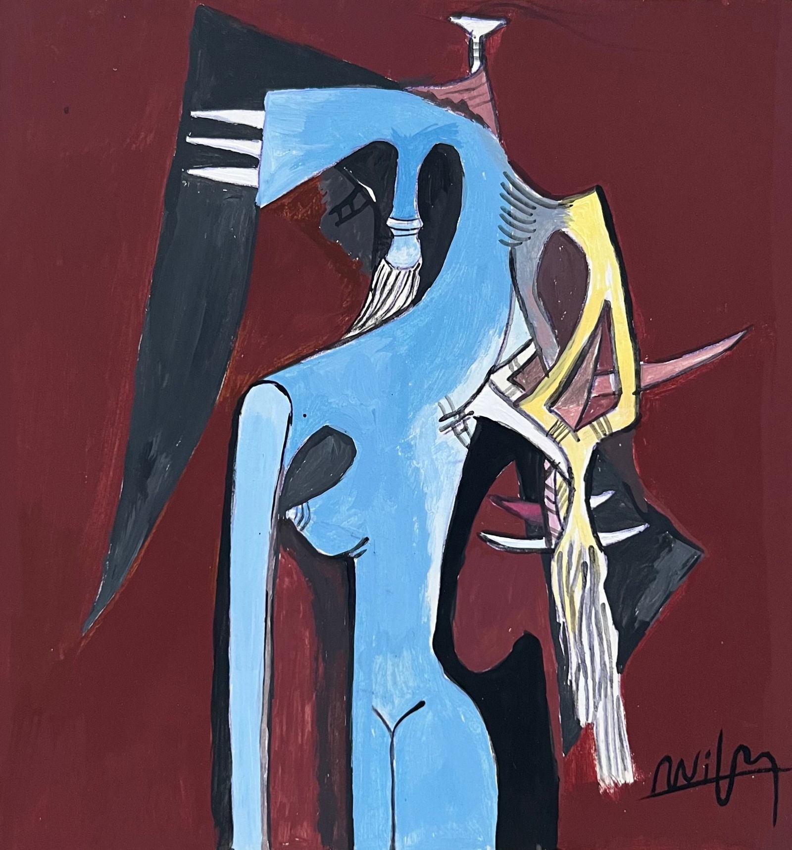 Wifredo Lam after Cuban Cubist gouache on cardboard female figure: Gouache on cardboard, painting. From a private collection. 6,3 x 6,7 in. (16 x 17 cm). Wifredo Lam (1902-1982, Cuban). It is being sold in the manner or style of the artist. Depicts a composition with