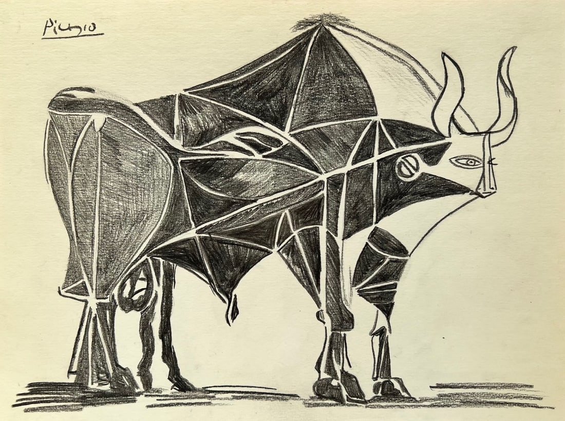 Pablo Picasso after Spanish Cubist charcoal on paper art bull: Charcoal on paper, drawing. From a private collection. 8,5 x 11,2 in. (21,5 x 28,5 cm). Pablo Picasso (1881-1973, Spanish). It is being sold in the manner or style of the artist. The drawing depicts a