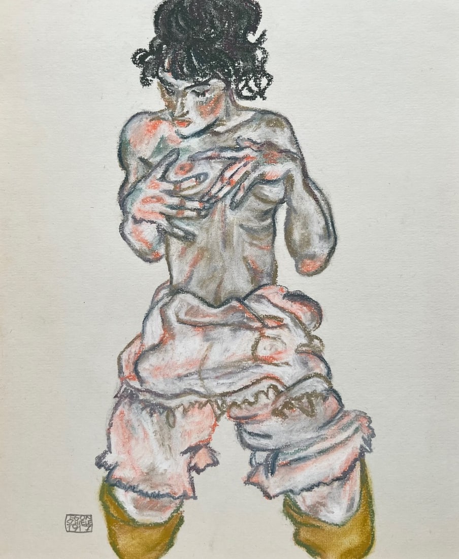 Pastel on paper Egon Schiele after Austrian Expressionism nude woman on knees: Pastel on paper, painting. From a private collection. 9,6 x 11,4 in. (24,5 x 29 cm). Egon Schiele (1890-1918, Austrian). It is being sold in the manner or style of the artist. Depicts a nude woman sta