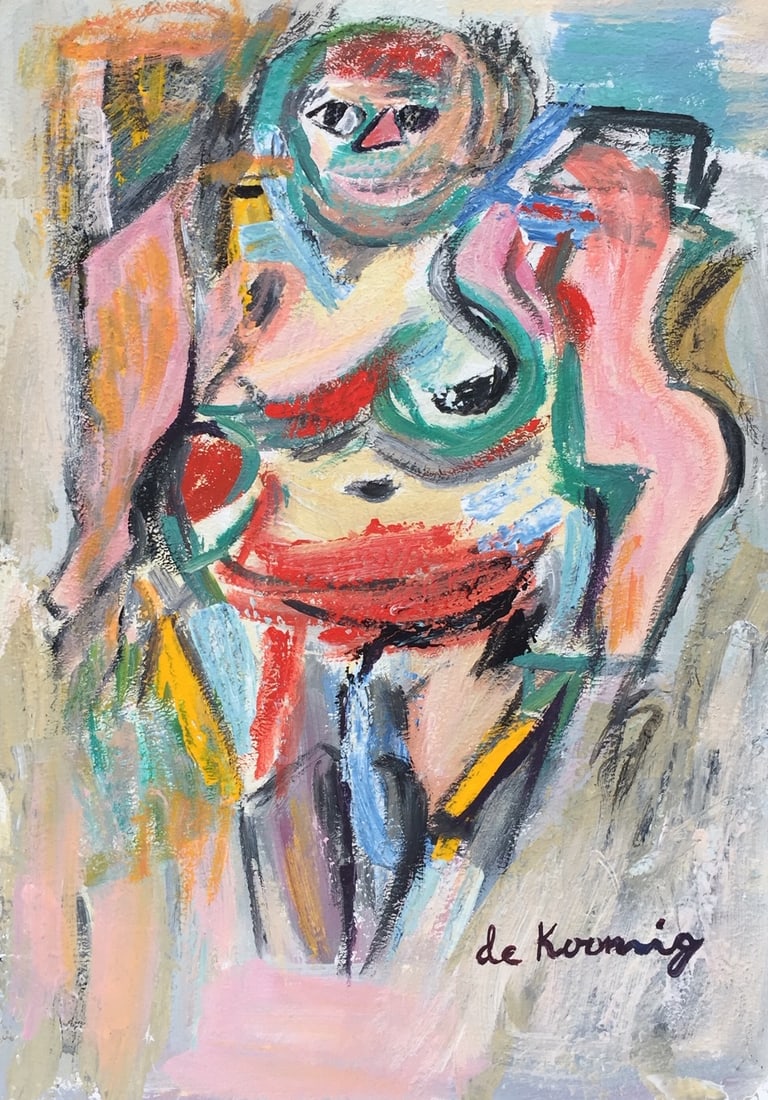 Oil on cardboard Willem de Kooning after Dutch Abstract painting woman portrait: Oil on cardboard, painting. From a private collection. 8,3 x 11,8 in. (21,3 x 30 cm). Willem de Kooning (1904-1997, Dutch). It is being sold in the manner or style of the artist. Featuring a woman in