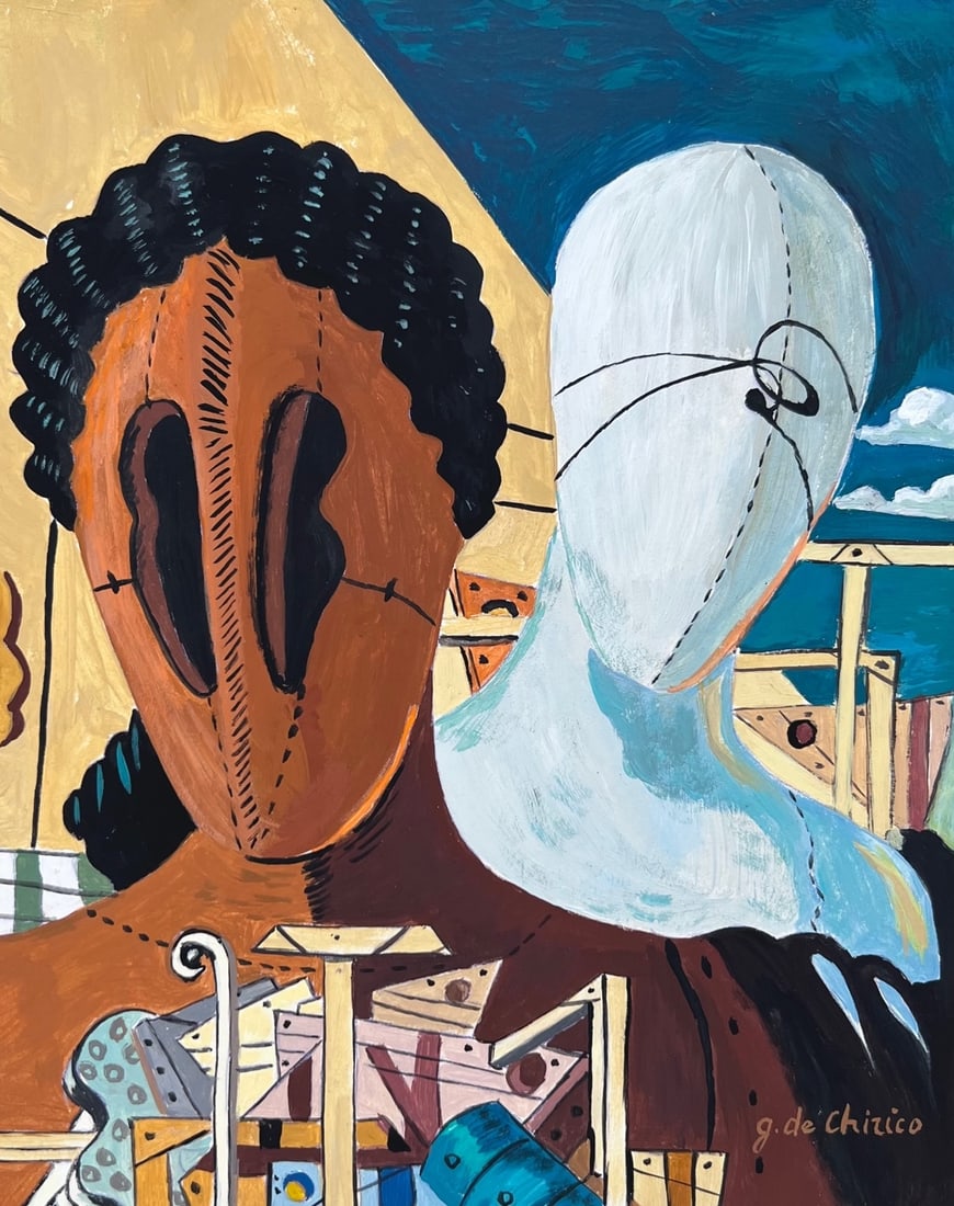 Giorgio de Chirico after Italian Surrealism painting on paper faces (1 of 2)