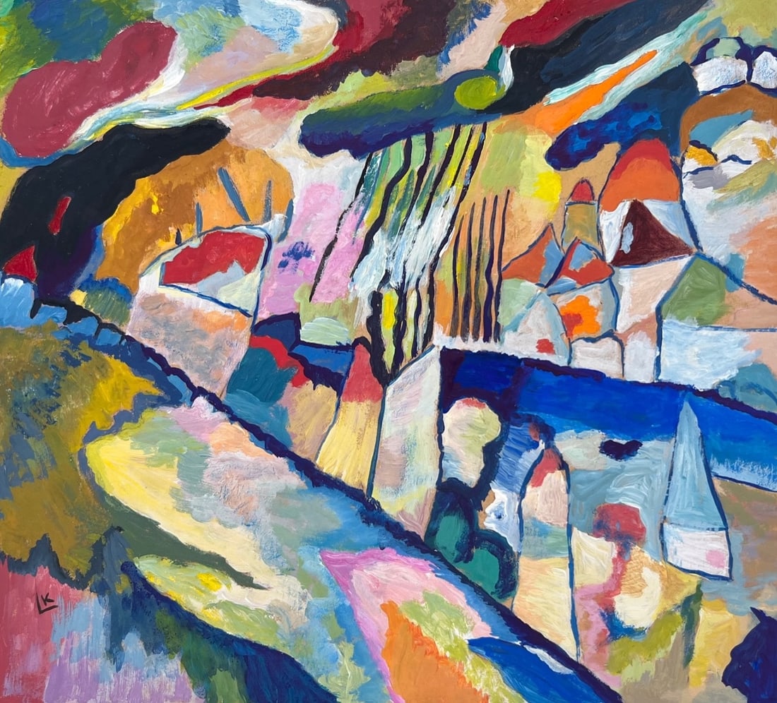 Gouache on paper Wassily Kandinsky style of Russian Abstract landscape composition: Gouache on paper, painting. From a private collection. 8,1 x 8,9 in. (20,5 x 22,5 cm). Wassily Kandinsky (1866-1944, Russian). It is being sold in the manner or style of the artist. Depicts a composit