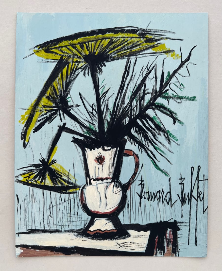 Bernard Buffet style of French Expressionist mixed media on c/b yellow flowers - 2