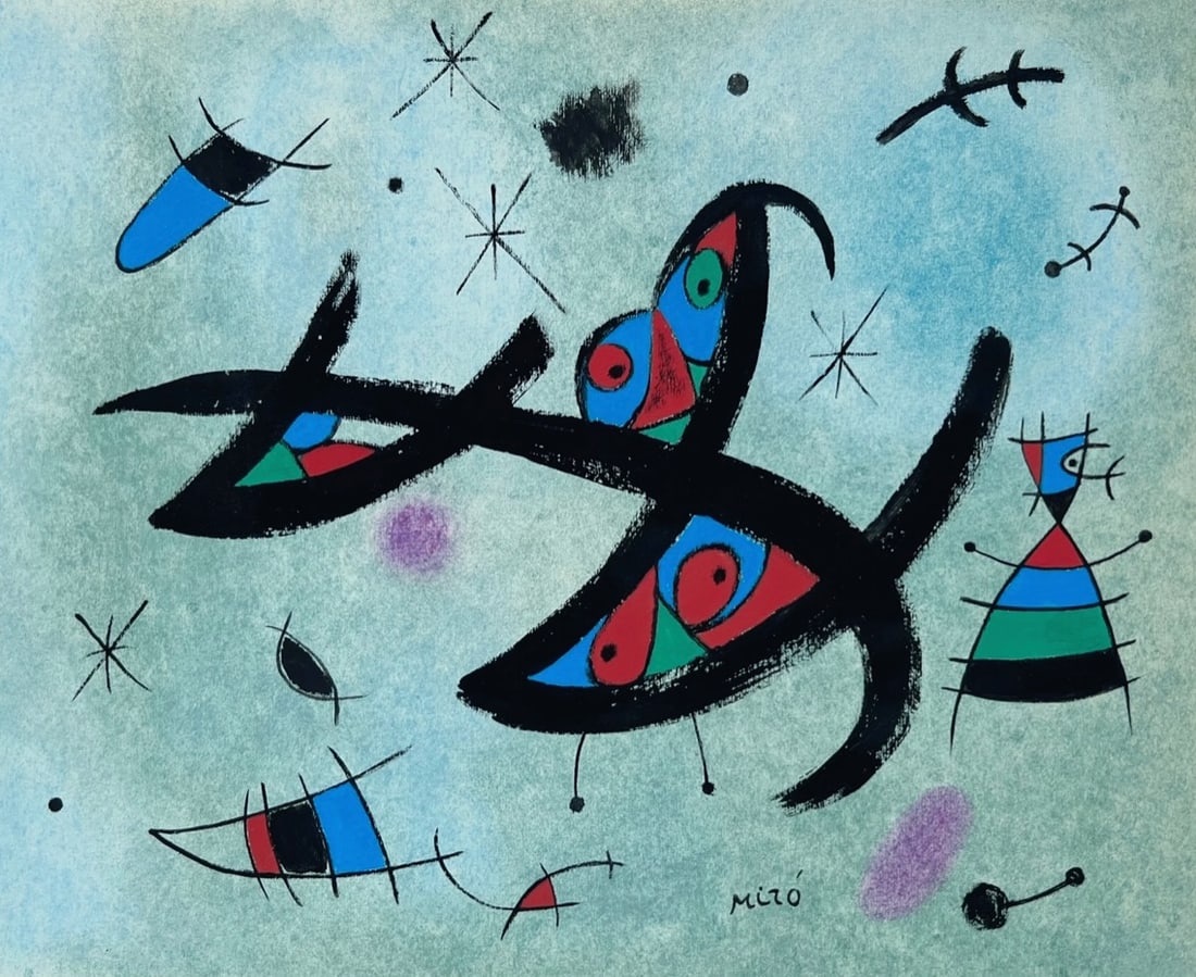 Mixed media on paper Joan Miro style of Spanish Surrealist (1 of 2)